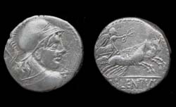 Cn. Lentulus, Denarius, Hemeted Mars with Victory reverse